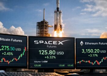 Pantallas de trading muestran futuros de SpaceX junto a bitcoin y Ethereum, con un cohete despegando al fondo.