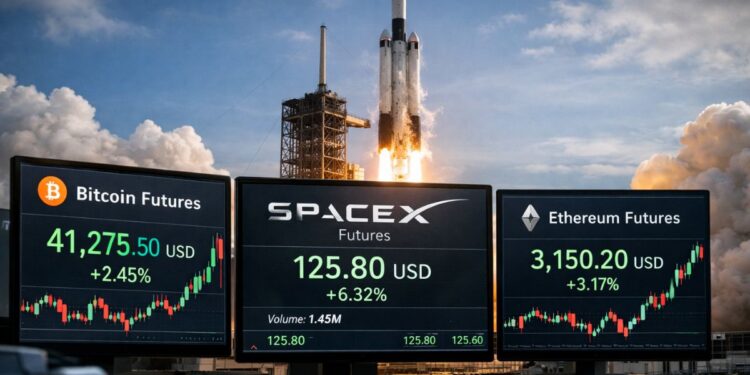 Pantallas de trading muestran futuros de SpaceX junto a bitcoin y Ethereum, con un cohete despegando al fondo.