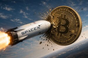Un cohete con el logo de SpaceX impacta contra una moneda física de bitcoin en el cielo.