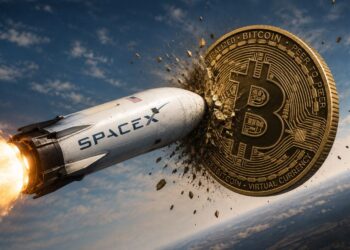 Un cohete con el logo de SpaceX impacta contra una moneda física de bitcoin en el cielo.