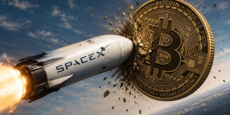 Un cohete con el logo de SpaceX impacta contra una moneda física de bitcoin en el cielo.