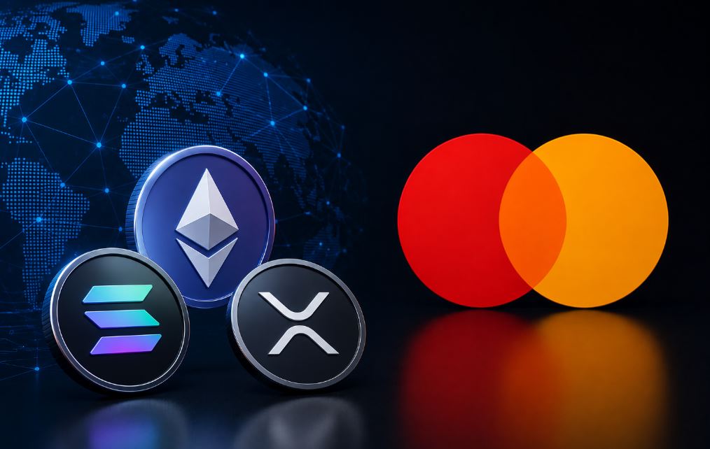 Monedas físicas de Ethereum, Solana y XRP junto al logo de Mastercard.