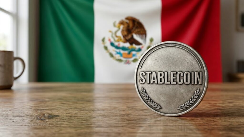 Moneda que tiene grabada la palabra "Stablecoin", con la bandera de México en el fondo.