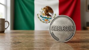 Moneda que tiene grabada la palabra "Stablecoin", con la bandera de México en el fondo.
