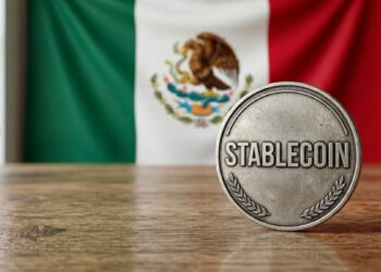 Moneda que tiene grabada la palabra "Stablecoin", con la bandera de México en el fondo.
