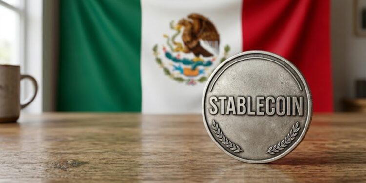 Moneda que tiene grabada la palabra "Stablecoin", con la bandera de México en el fondo.