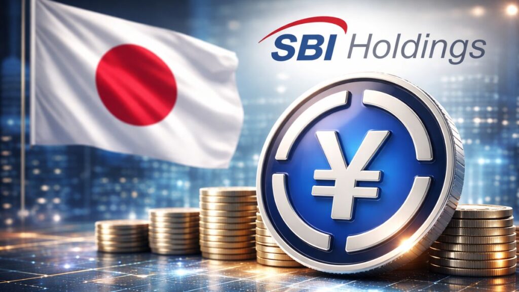 Moneda física de JPYSC, acompañada de una bandera de Japón y el logotipo de SBI Holdings.