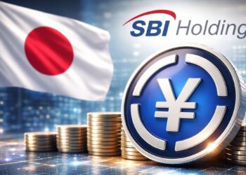 Moneda física de JPYSC, acompañada de una bandera de Japón y el logotipo de SBI Holdings.