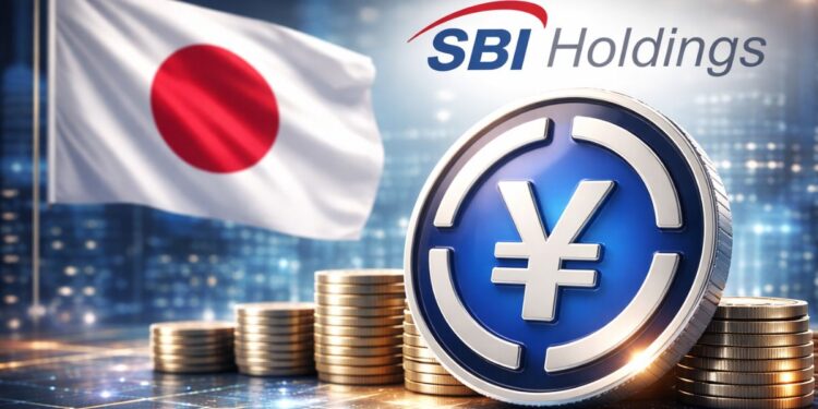 Moneda física de JPYSC, acompañada de una bandera de Japón y el logotipo de SBI Holdings.