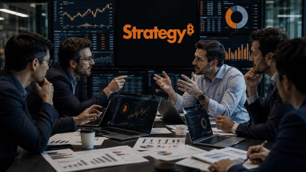 Analistas discutiendo delante de un escritorio; de fondo, se observa una pantalla con el logo de Strategy.
