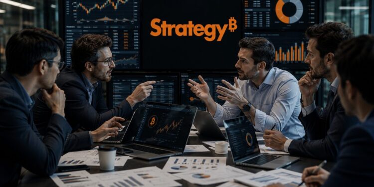 Analistas discutiendo delante de un escritorio; de fondo, se observa una pantalla con el logo de Strategy.