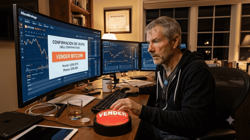 Michael Saylor vendiendo bitcoin en su computadora.