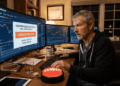 Michael Saylor vendiendo bitcoin en su computadora.