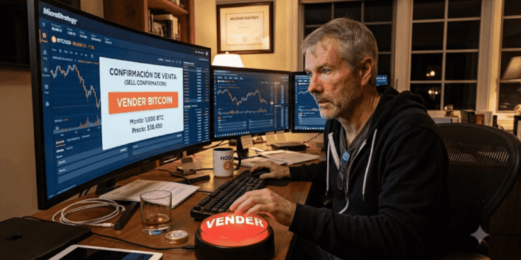 Michael Saylor vendiendo bitcoin en su computadora.
