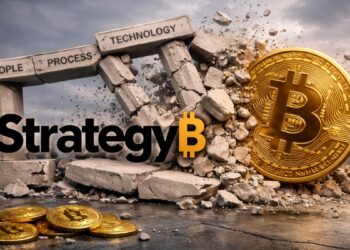 Logo de Strategy en una estructura colapsando bajo el impacto de una gran moneda de bitcoin.