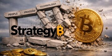Logo de Strategy en una estructura colapsando bajo el impacto de una gran moneda de bitcoin.