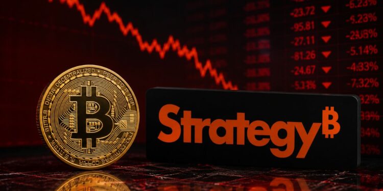 Moneda de bitcoin frente al logo de Strategy con gráficos bajistas en rojo.