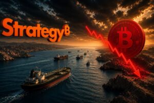El logo de Strategy junto al estrecho de Ormuz y una moneda física de bitcoin roja.