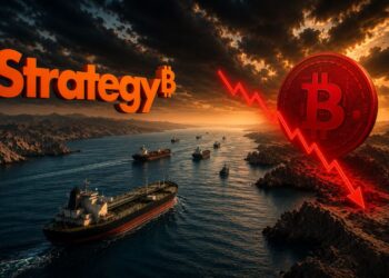 El logo de Strategy junto al estrecho de Ormuz y una moneda física de bitcoin roja.