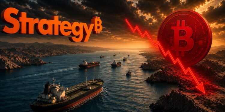 El logo de Strategy junto al estrecho de Ormuz y una moneda física de bitcoin roja.