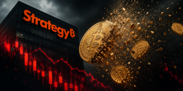logo de Strategy y unas monedas de BTC desapareciendo.