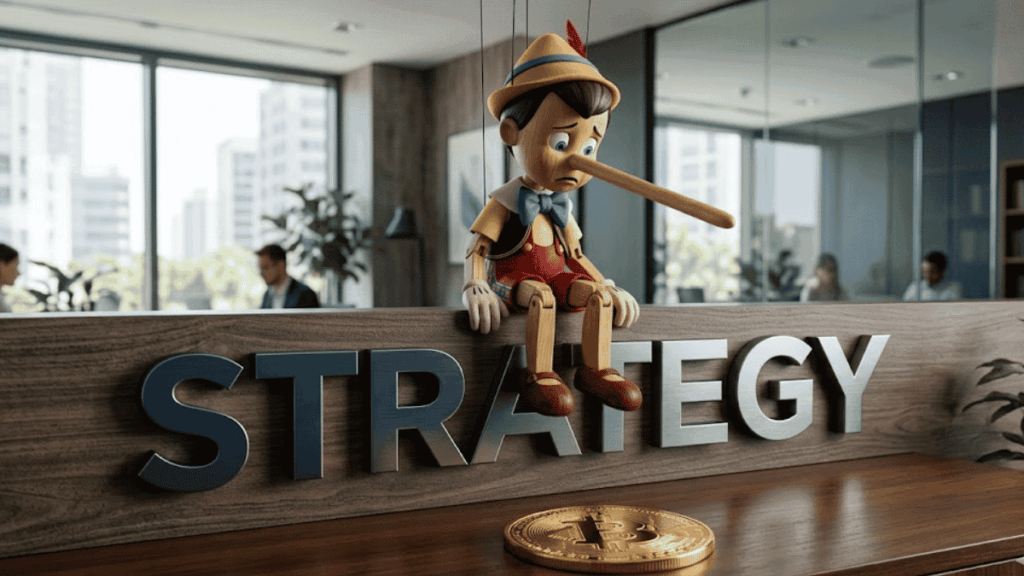 Pinocho con la nariz larga tras haber dicho una mentira, está sentado sobre un letrero que dice "STRATEGY". En el piso, hay una moneda de bitcoin.