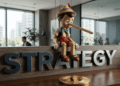 Pinocho con la nariz larga tras haber dicho una mentira, está sentado sobre un letrero que dice "STRATEGY". En el piso, hay una moneda de bitcoin.