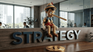 Pinocho con la nariz larga tras haber dicho una mentira, está sentado sobre un letrero que dice "STRATEGY". En el piso, hay una moneda de bitcoin.