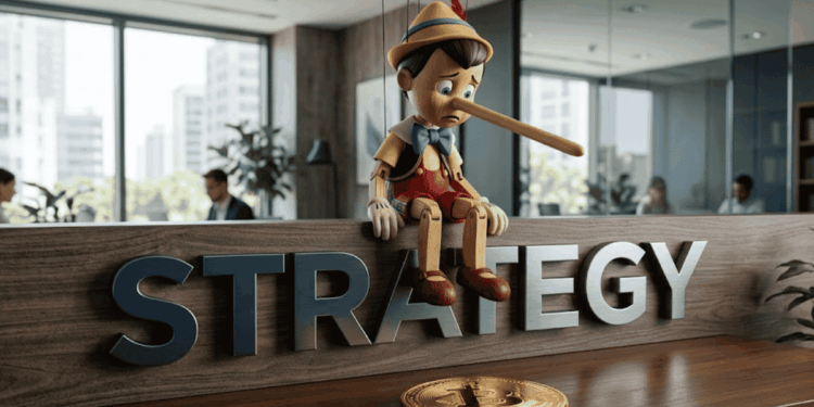 Pinocho con la nariz larga tras haber dicho una mentira, está sentado sobre un letrero que dice "STRATEGY". En el piso, hay una moneda de bitcoin.