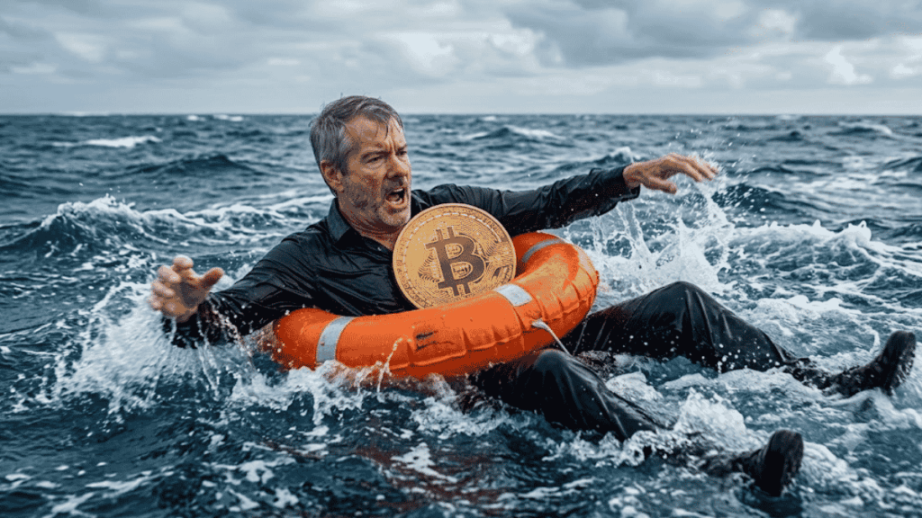 Imagen generada con IA que muestra a Michael Saylor en el mar, con un salvavidas y una moneda de bitcoin.