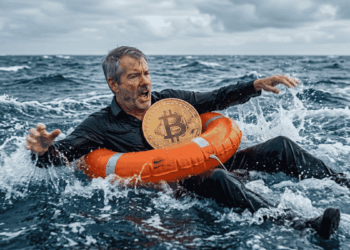 Imagen generada con IA que muestra a Michael Saylor en el mar, con un salvavidas y una moneda de bitcoin.