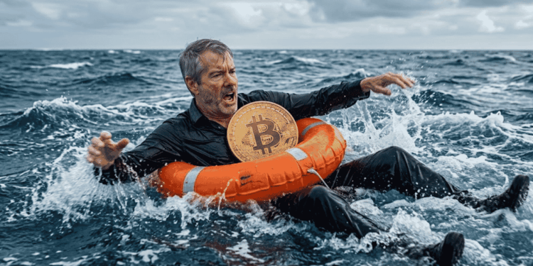 Imagen generada con IA que muestra a Michael Saylor en el mar, con un salvavidas y una moneda de bitcoin.