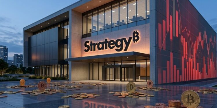Edificio que tiene el logo de Strategy, con bitcoins en el suelo y gráficas rojas de fondo.