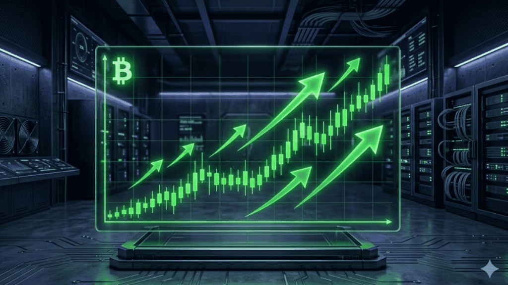 Un holograma verde brillante muestra un gráfico de Bitcoin en alza con velas y flechas ascendentes, proyectado en el centro de una oscura sala de servidores.