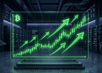 Un holograma verde brillante muestra un gráfico de Bitcoin en alza con velas y flechas ascendentes, proyectado en el centro de una oscura sala de servidores.