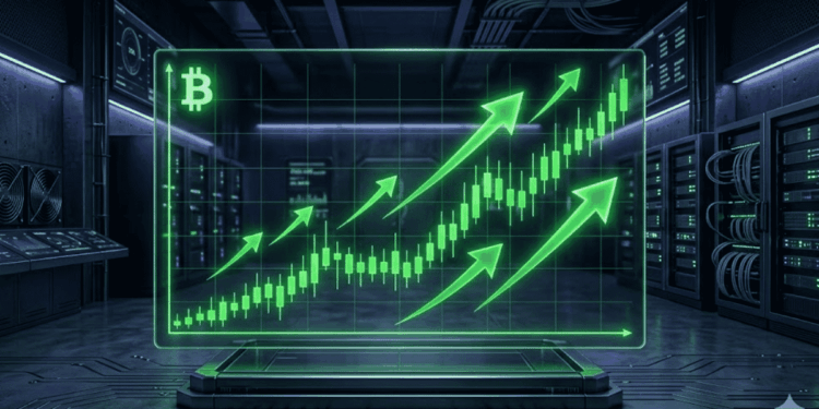 Un holograma verde brillante muestra un gráfico de Bitcoin en alza con velas y flechas ascendentes, proyectado en el centro de una oscura sala de servidores.