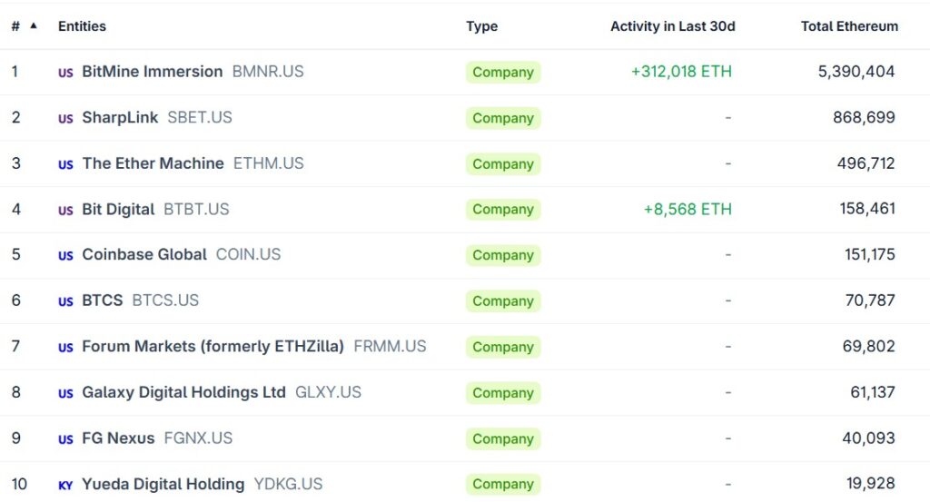Tabla de las primeras 10 tesorerías de Ethereum.