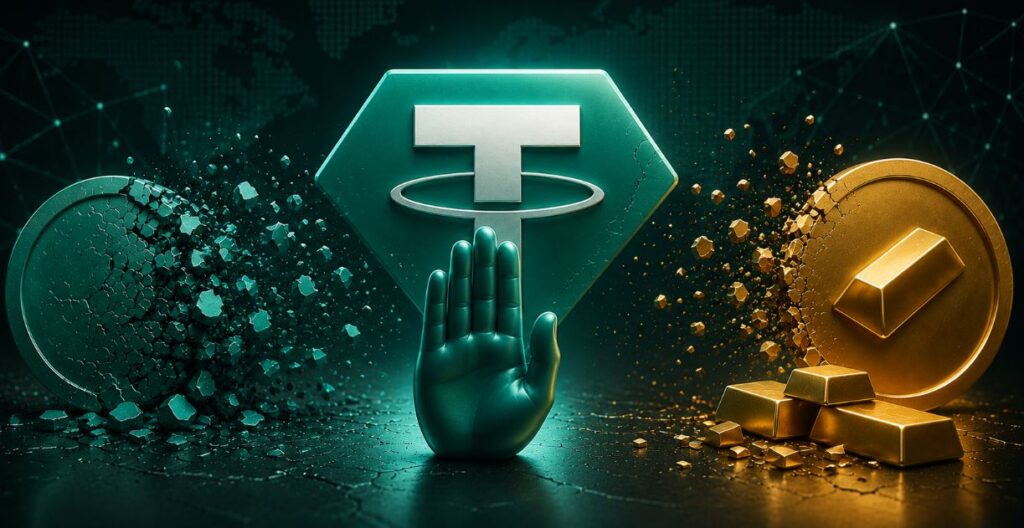 Una mano delante del logo de Tether y dos monedas físicas.