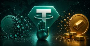 Una mano delante del logo de Tether y dos monedas físicas.