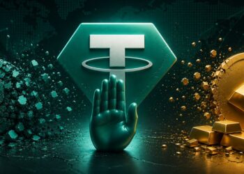 Una mano delante del logo de Tether y dos monedas físicas.