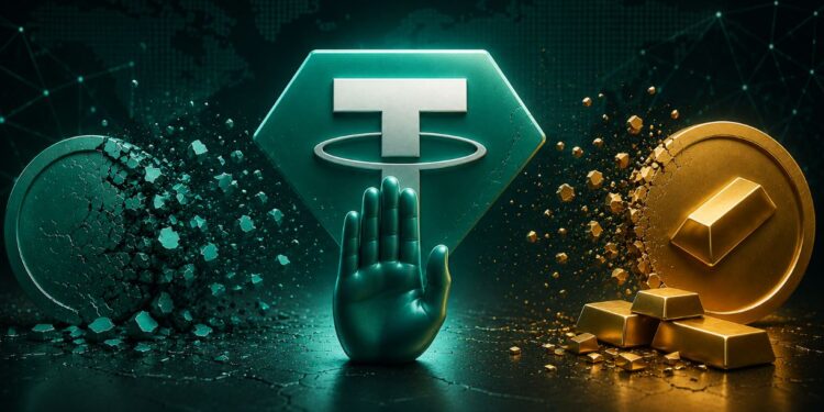 Una mano delante del logo de Tether y dos monedas físicas.