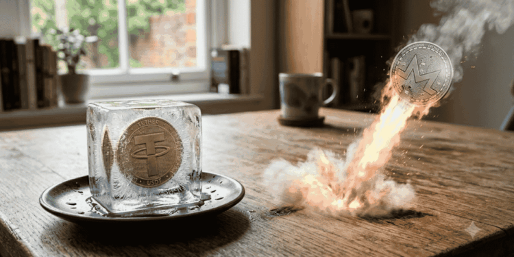 Sobre una mesa: moneda de USDT dentro de un cubo de hielo. Moneda de XMR subiendo como un cohete.