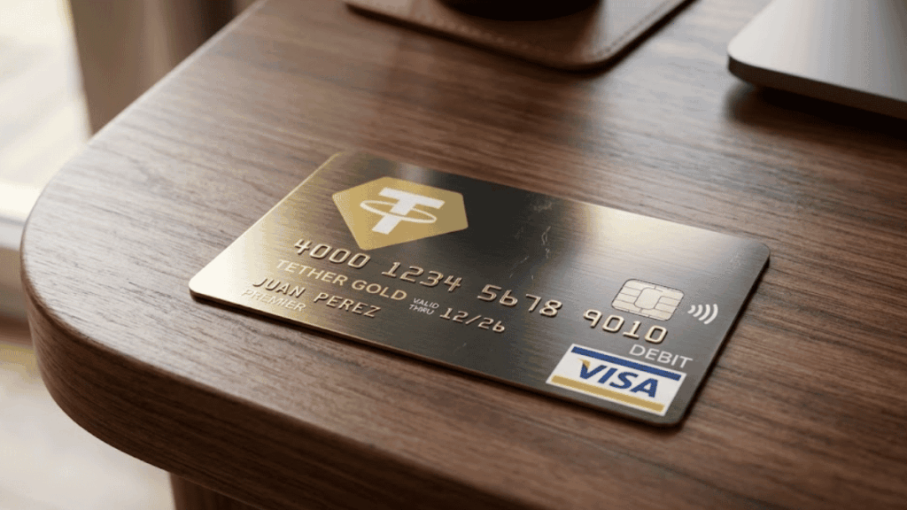 Una tarjeta de crédito o débito Visa con el logo de XAUT sobre una mesa.