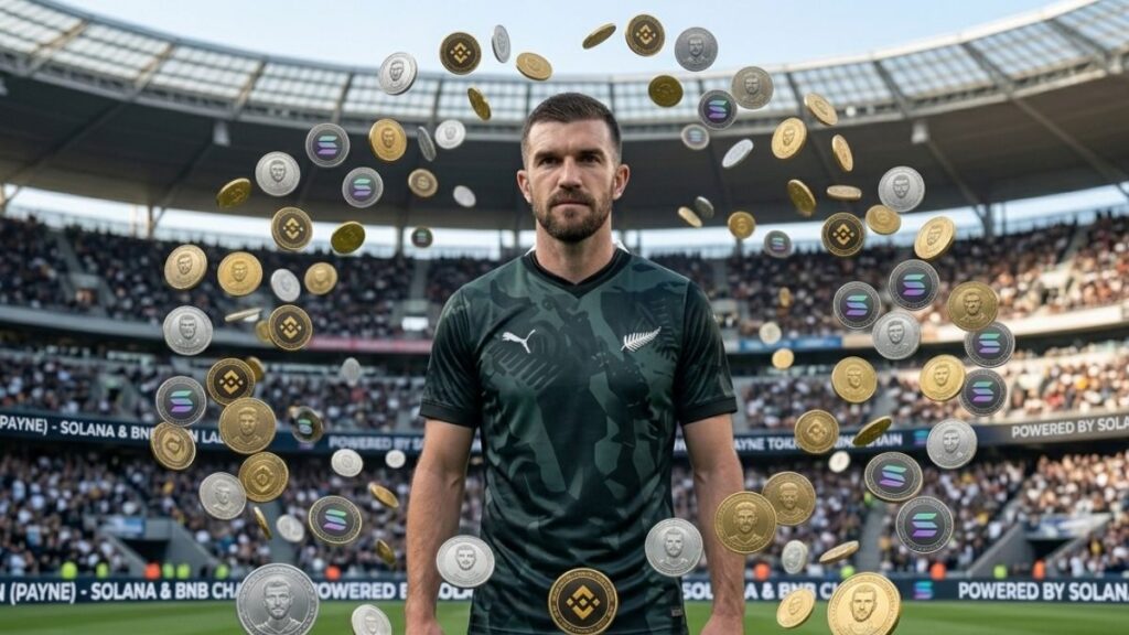 : Tim Payne en un estadio de fútbol rodeado de criptomonedas flotantes de Solana, BNB Chain y tokens con su rostro.