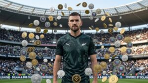 : Tim Payne en un estadio de fútbol rodeado de criptomonedas flotantes de Solana, BNB Chain y tokens con su rostro.