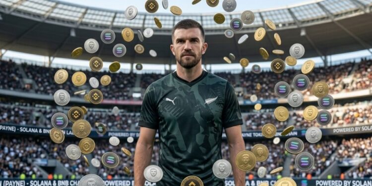 : Tim Payne en un estadio de fútbol rodeado de criptomonedas flotantes de Solana, BNB Chain y tokens con su rostro.