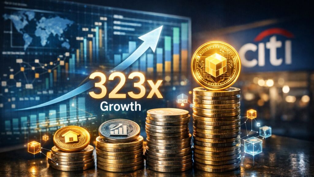 Gráfico de crecimiento de la tokenización de activos con proyección de aumento de 323 veces, monedas digitales y referencia a Citi.
