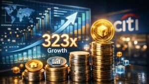Gráfico de crecimiento de la tokenización de activos con proyección de aumento de 323 veces, monedas digitales y referencia a Citi.