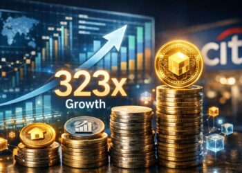 Gráfico de crecimiento de la tokenización de activos con proyección de aumento de 323 veces, monedas digitales y referencia a Citi.