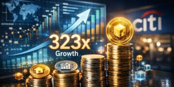 Gráfico de crecimiento de la tokenización de activos con proyección de aumento de 323 veces, monedas digitales y referencia a Citi.